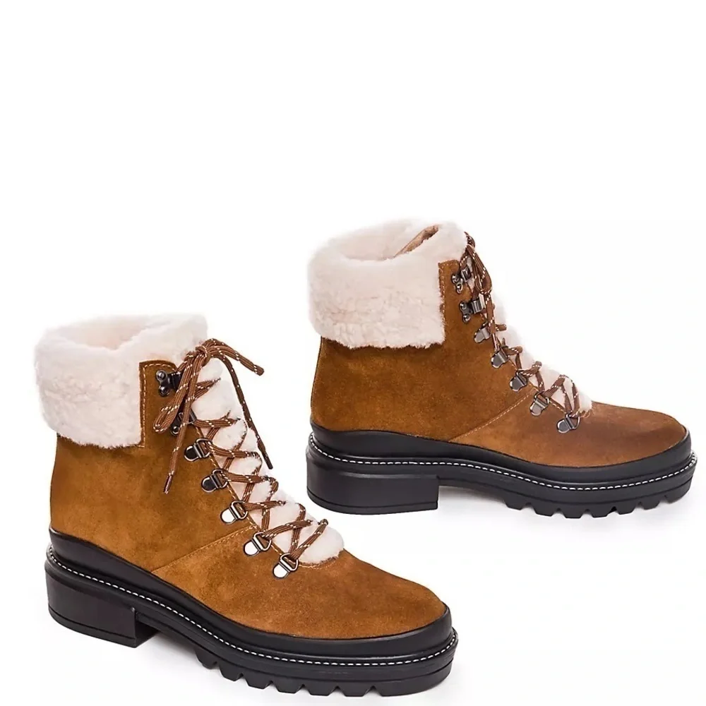 Bernardo Anthropologie Sz 7  Dasher Suede Brazil Hiking Boots Shearling Trim NWT